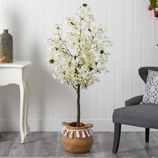 5ft. Artificial White Bougainvillea Tree with Basket